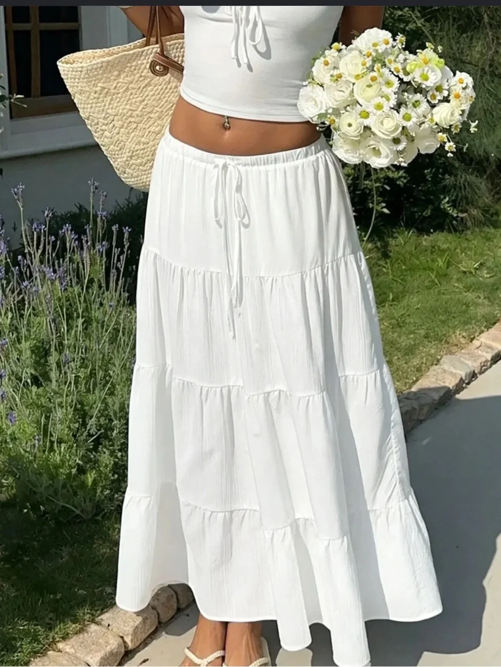 Brandy Melville White Tiered Maxi Skirt